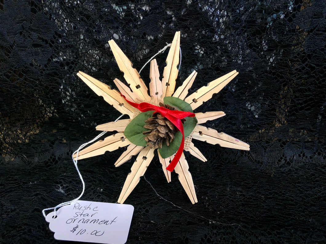 Clothespin Rustic Star Ornament with Red Ribbon, Pine Cone, & Green Leaf