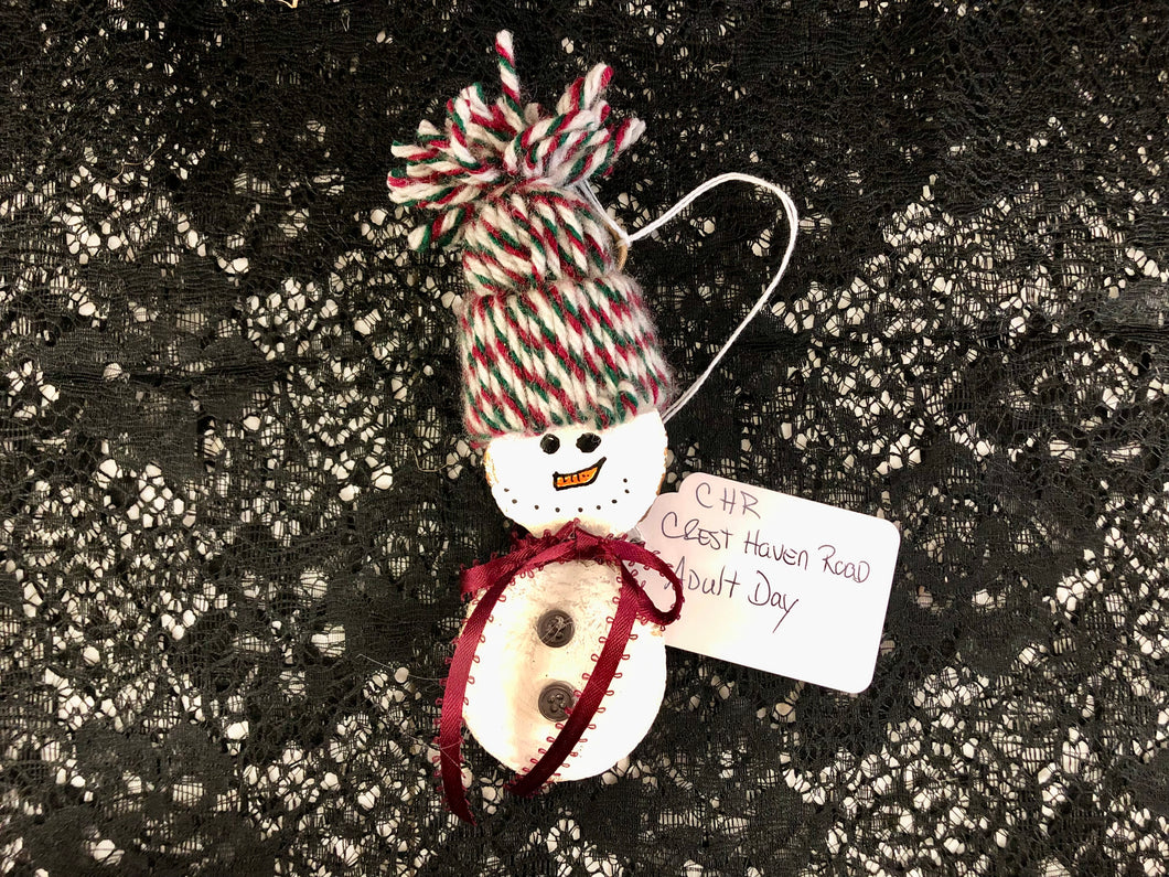 Wood Snowman Ornament with Red, Green, and White Hat