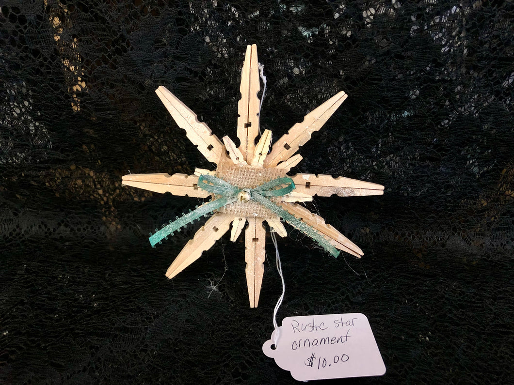 Clothespin Rustic Star Ornament with Green Ribbon