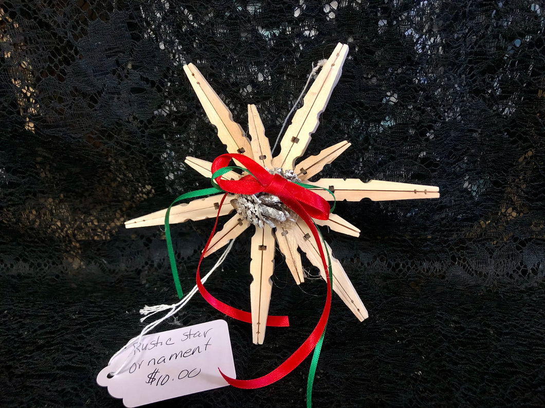 Clothespin Rustic Star Ornament with Red & Green Ribbon