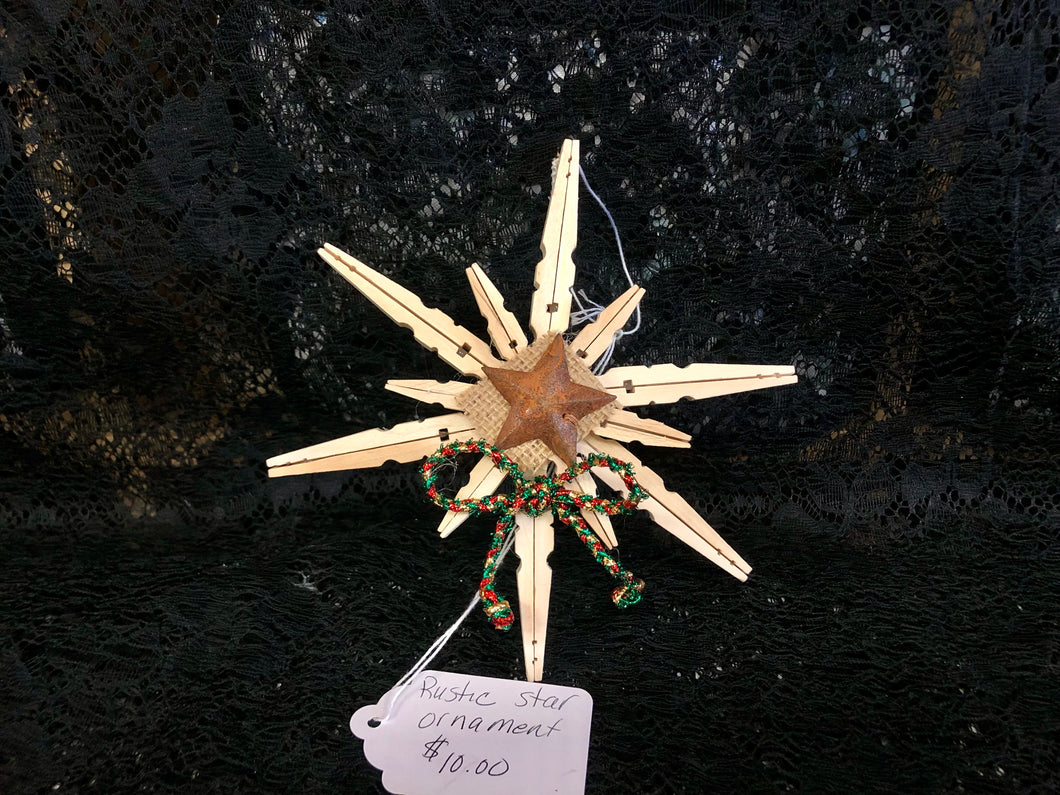 Clothespin Rustic Star Ornament with Brown Star & Red/Green Bow