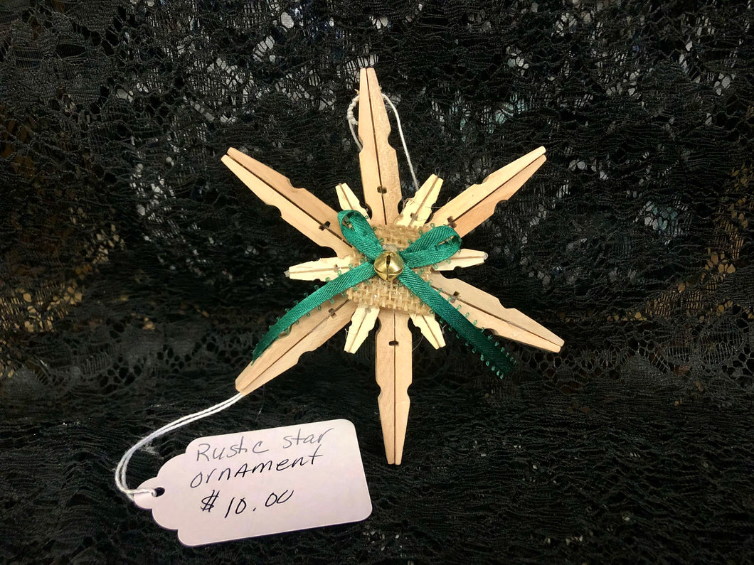 Clothespin Rustic Star Ornament with Green Ribbon & Gold Bell
