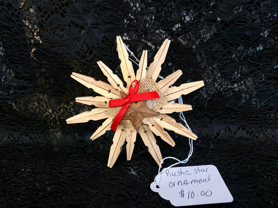 Clothespin Rustic Star Ornament with Red Ribbon, Brown Star, & Extra Clothespins