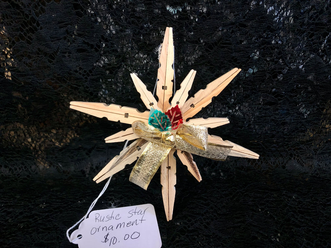 Clothespin Rustic Star Ornament with Gold Ribbon