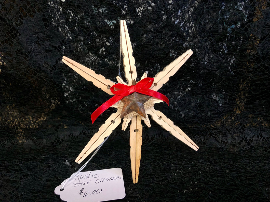 Clothespin Rustic Star Ornament with Red Ribbon & Brown Star
