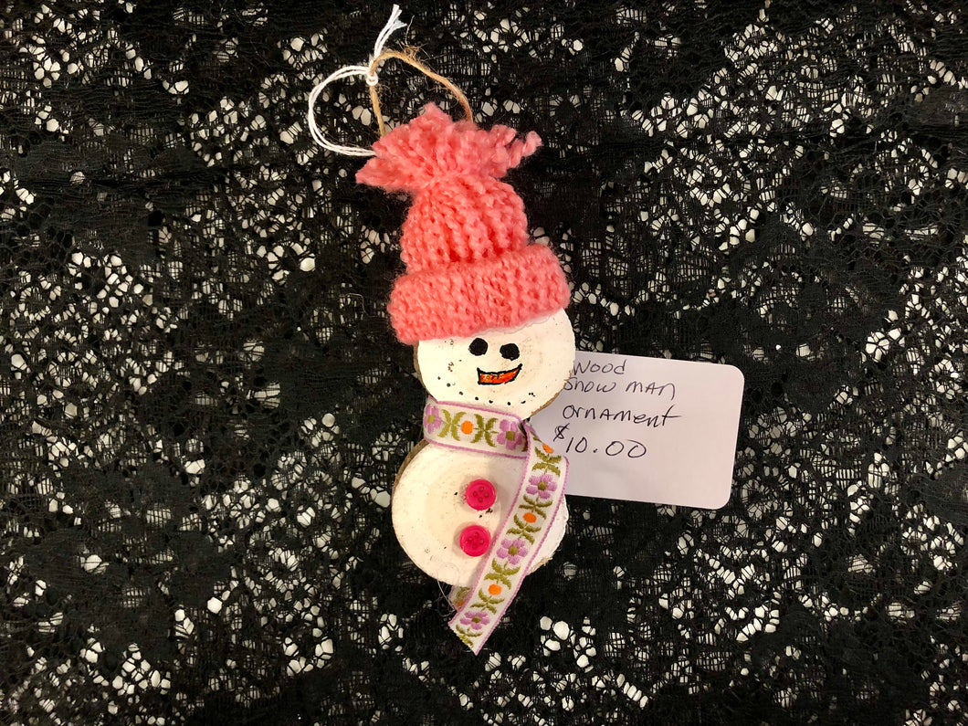 Wood Snowman Ornament with Pink Hat