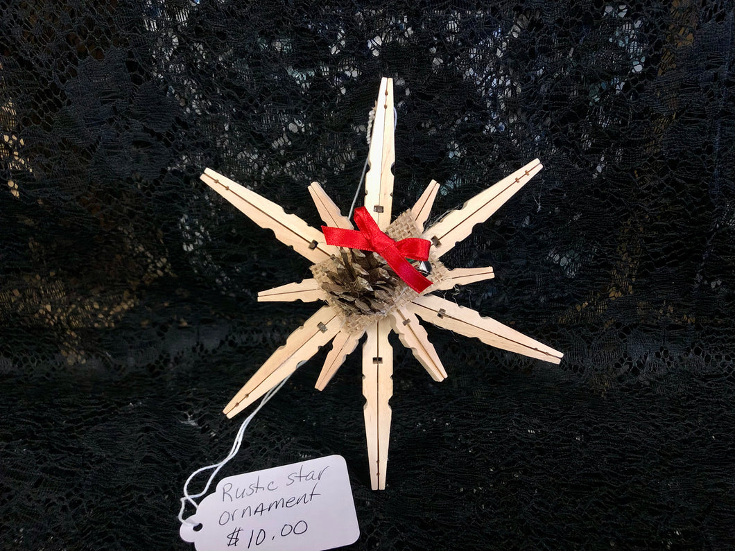 Clothespin Rustic Star Ornament with Red Ribbon & Pine Cone