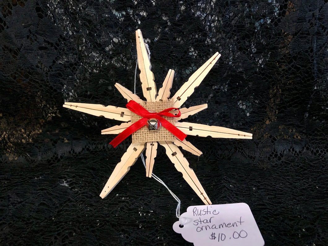 Clothespin Rustic Star Ornament with Red Ribbon & Silver Bell